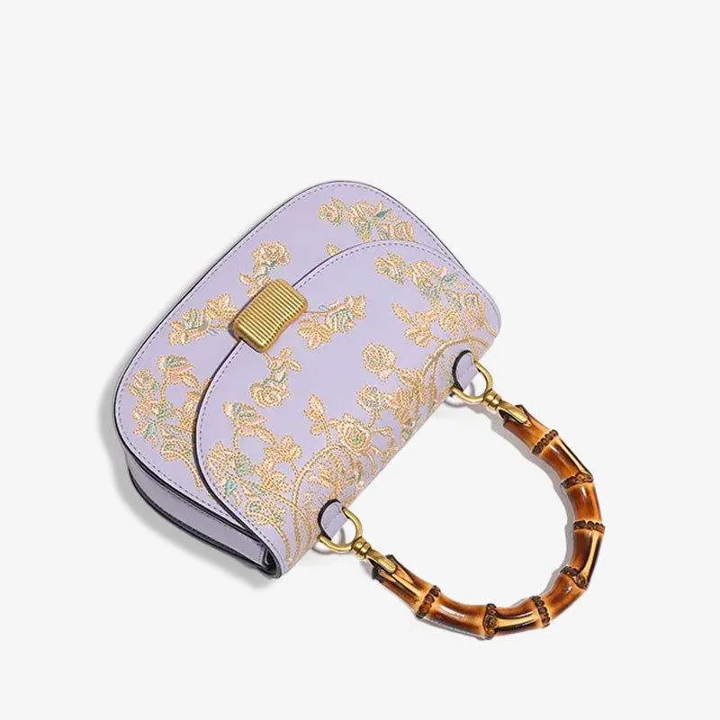Handcrafted Embroidery Leather Purple Handbag Camellia Bamboo Handle